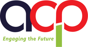 ACP Group logo with slogan "Engaging the Future" displayed over an orange wave background