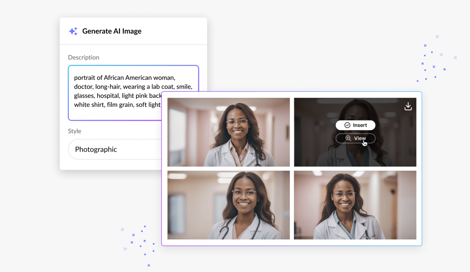AI image generation interface showing a prompt for an African American female doctor and four photo-style image results, with one being selected for insertion.