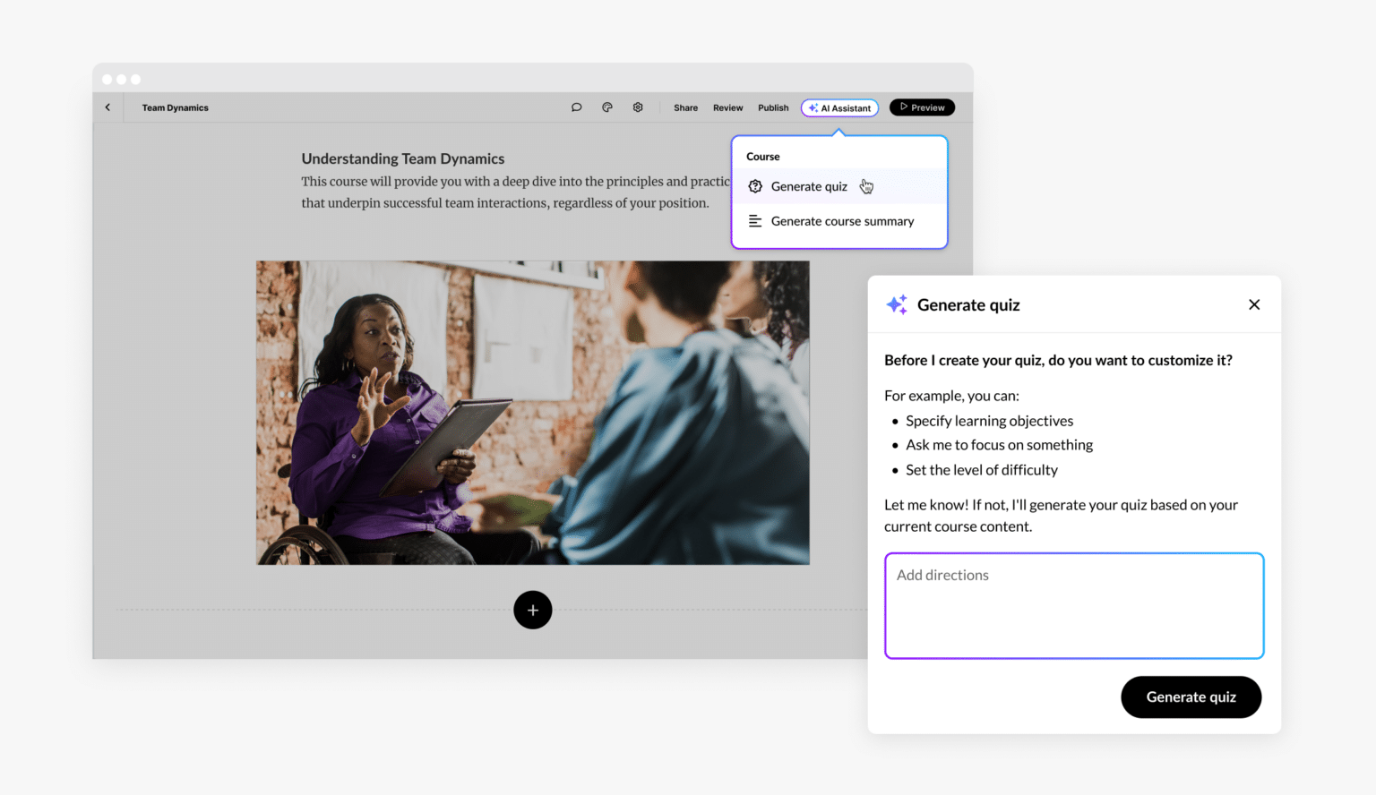 Course editing interface showing a lesson on team dynamics with an image of a group discussion, alongside a pop-up window for customizing and generating a quiz.