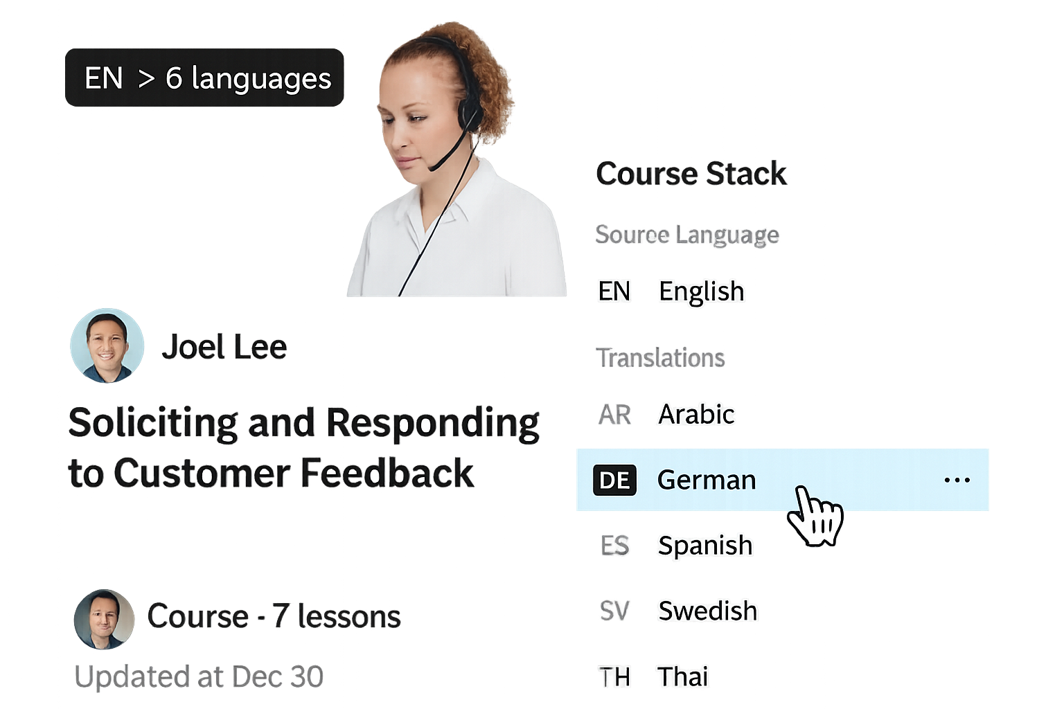 An online course titled 'Soliciting and Responding to Customer Feedback' by Joel Lee, showing a female customer support agent with a headset, alongside a course stack interface offering translations in Arabic, German, Spanish, Swedish, and Thai.