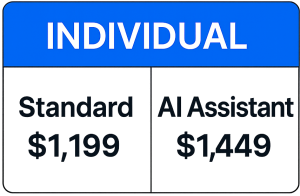 Pricing table for Individual plan: Standard version at $1,199 and AI Assistant version at $1,449