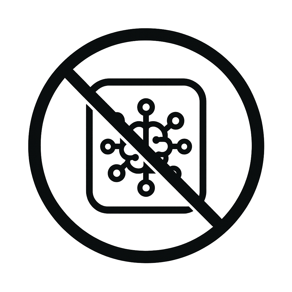 Icon of an AI brain crossed out with a prohibition symbol, indicating no training of AI.