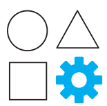 Icons of a circle, triangle, square, and blue gear representing diverse content formats and customizable training elements.
