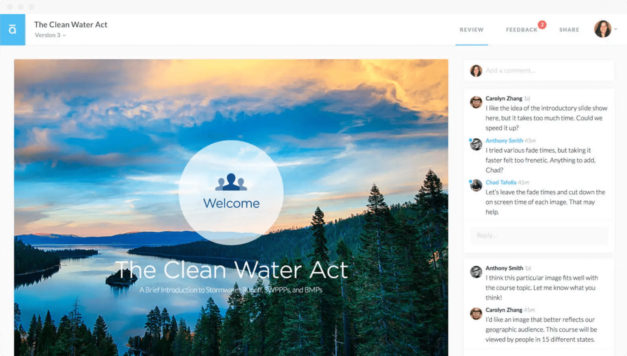 Collaborative course editing interface displaying feedback comments on an e-learning module titled ‘The Clean Water Act,’ with a scenic forest and lake background.