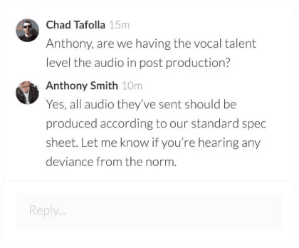 Team discussion on e-learning audio production standards and vocal talent leveling during post-production.