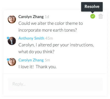 Team feedback thread discussing color theme changes to incorporate earth tones in an e-learning course.