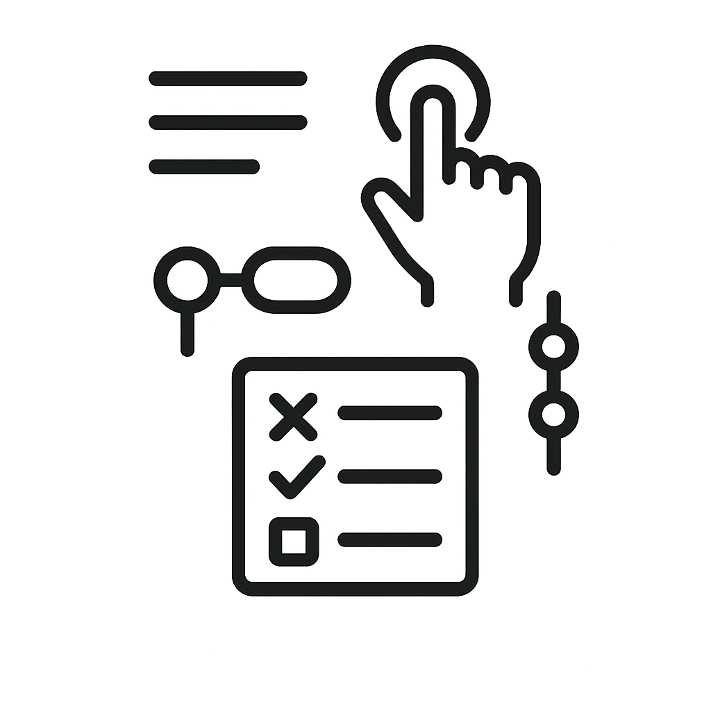 Black line icons representing interactive learning elements including sliders, multiple choice quizzes, toggle switches, and touch interface.
