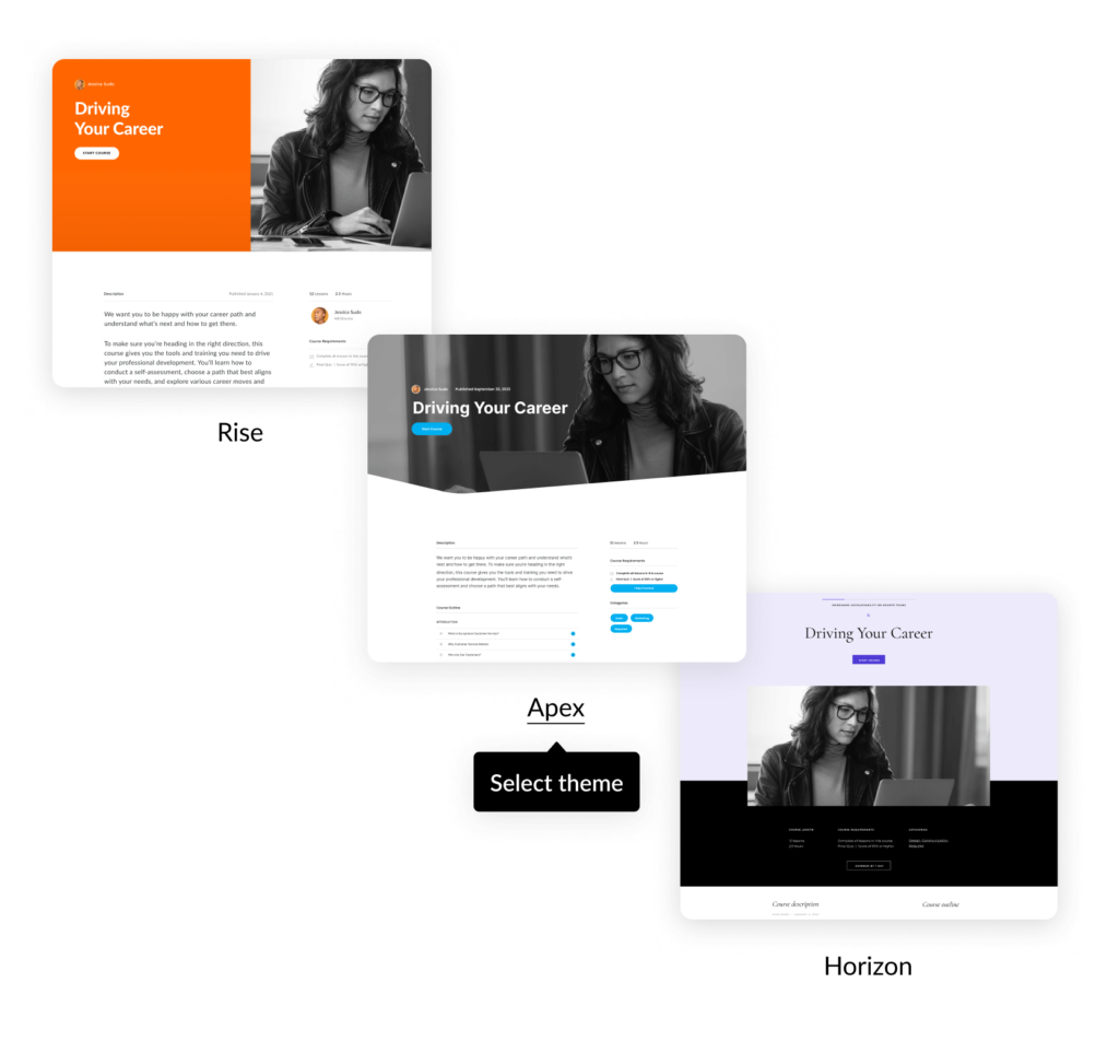 Three modern e-learning website themes – Rise, Apex, and Horizon – showcasing visual design variations for course presentation.