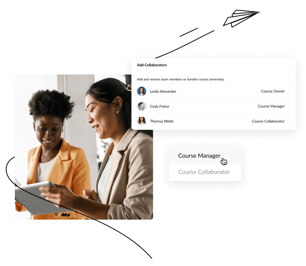 Two professionals collaborating on a tablet with a course management interface showing user roles like Course Owner, Manager, and Collaborator.