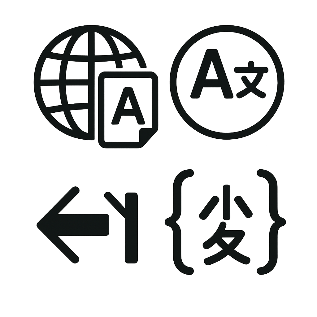 Icons representing global language translation and localization support, including multilingual access, text direction adjustment, and support for special character sets.