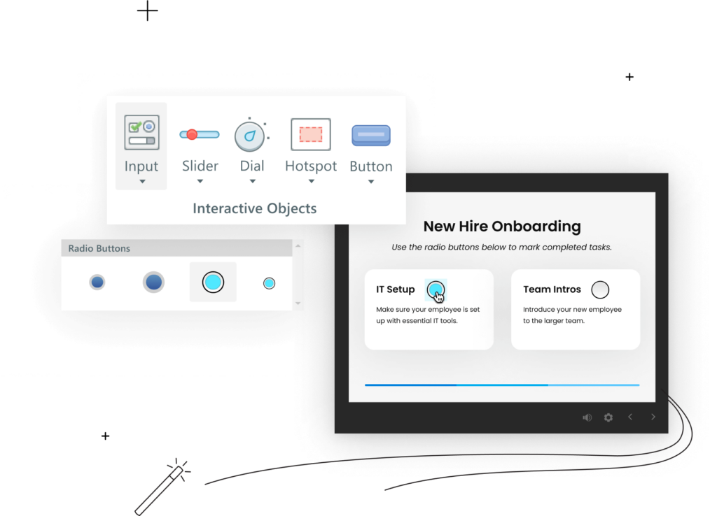 E-learning interface showing interactive objects like sliders and buttons, with a new hire onboarding screen using radio buttons to mark IT setup and team introduction tasks.