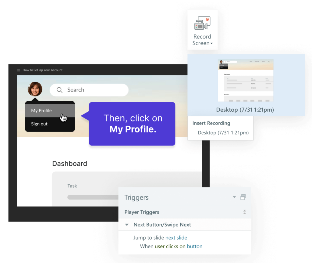 Instructional e-learning interface guiding the user to click on ‘My Profile’, with options to record the screen and set triggers for next-slide navigation based on user actions.