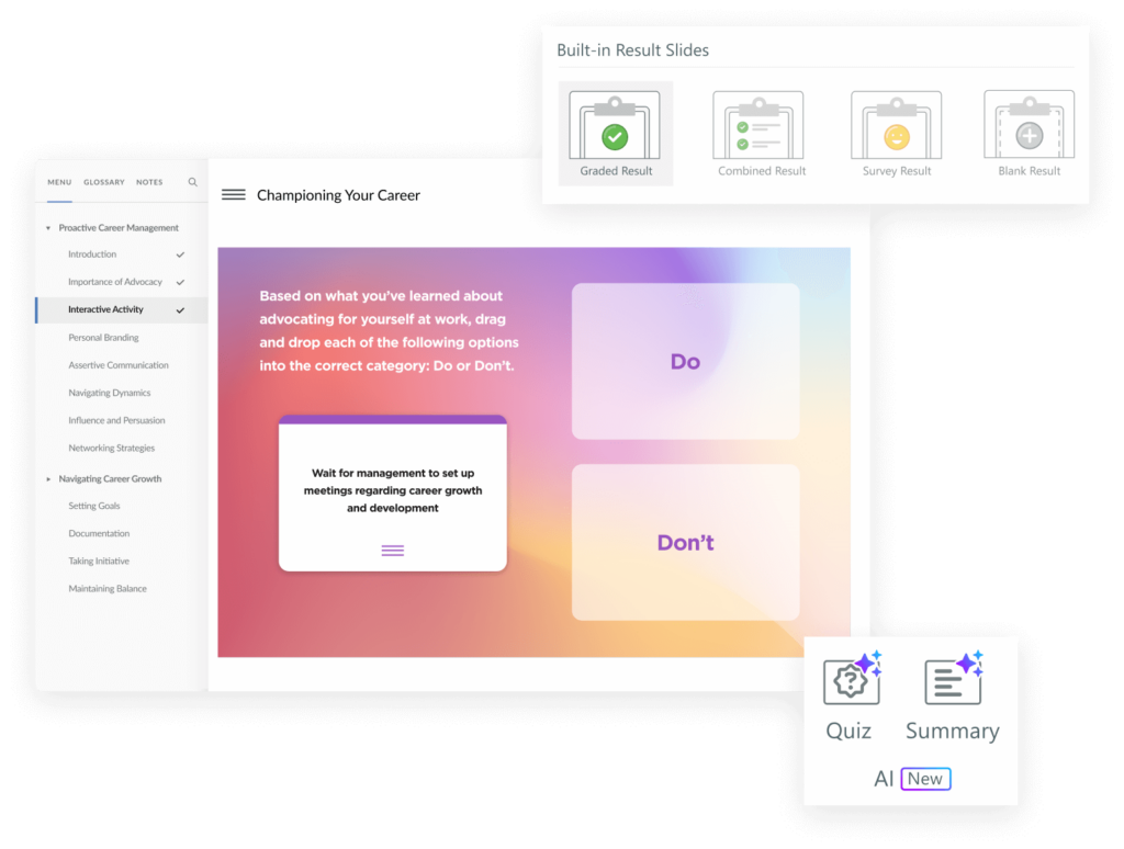 Interactive e-learning slide for categorizing workplace actions into ‘Do’ and ‘Don’t’, featuring drag-and-drop functionality, result slide options, and AI-powered quiz and summary generation.