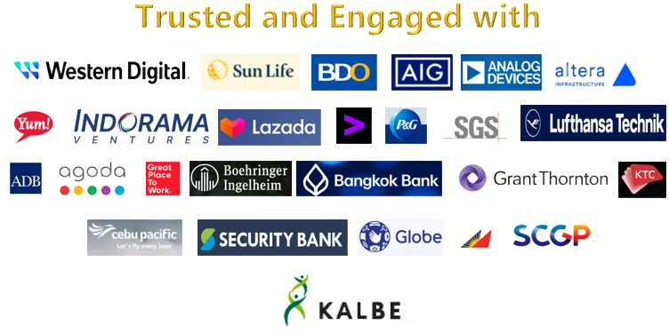 ACP's corporate client showcase including logos of Western Digital, Lazada, AIG, Lufthansa Technik, Agoda, P&G, Globe, and other international brands, with headline "Trusted and Engaged with"