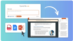 Screenshot of Vyond Go's AI text input feature with support for PDF, Word, and PowerPoint uploads to auto-generate training scripts