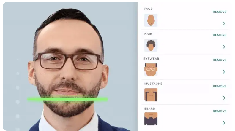 Screenshot of Vyond's AI character generator showing face customization options including hair, beard, and eyewear