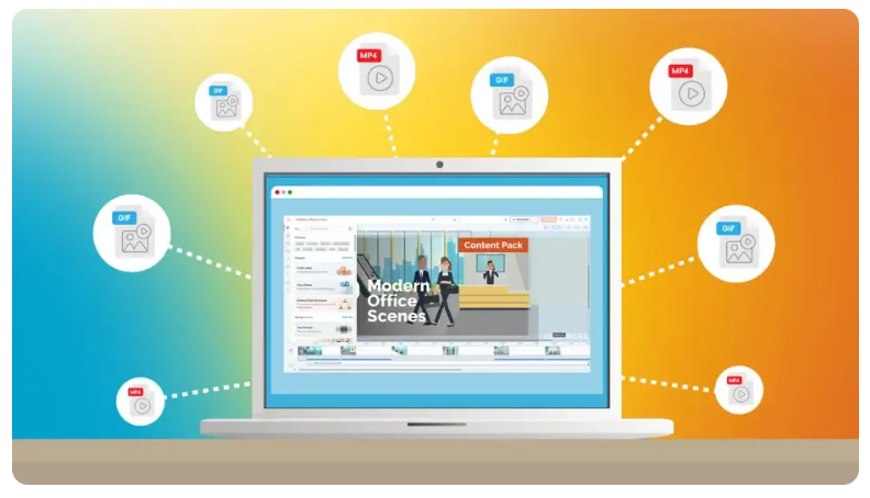 Vyond interface on a laptop surrounded by file export icons including MP4, GIF, and image files from a content pack editor