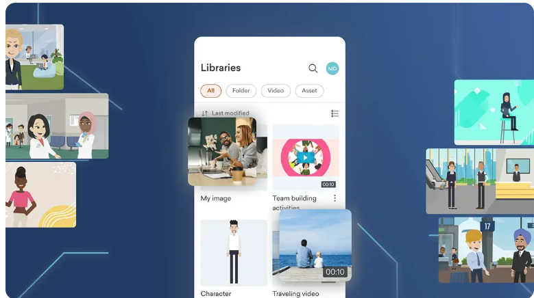 Vyond's centralized media library showcasing custom images, team-building animations, and character assets for video creation