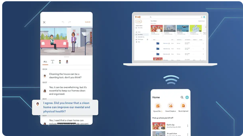 Vyond platform showcasing mobile script editing and synchronization with desktop project view, demonstrating cloud connectivity