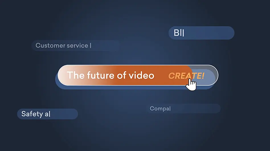 Stylized button with the text "The future of video – CREATE!" being clicked, surrounded by floating text labels like "Customer service", "Safety", and "Compal" on a dark gradient background